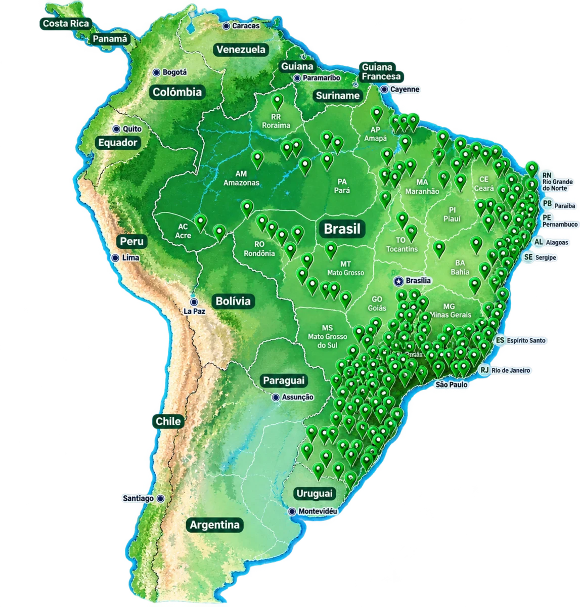 Mapa do Brasil com pontos de presença Ambiensys